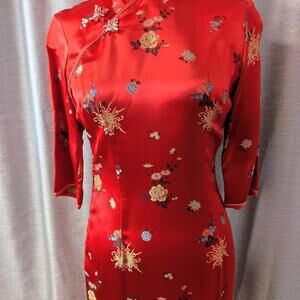 Red Silk Satin Cheongsam Sheath Dress With Slit XS S